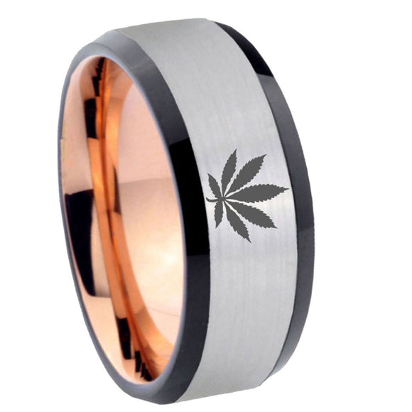 8mm-Marijuana-Leaf-Beveled-Tungsten-Carbide-Silver-Rose-Gold-Men's-Ring