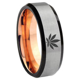 8mm Marijuana Leaf Beveled Tungsten Carbide Silver Rose Gold Men's Ring