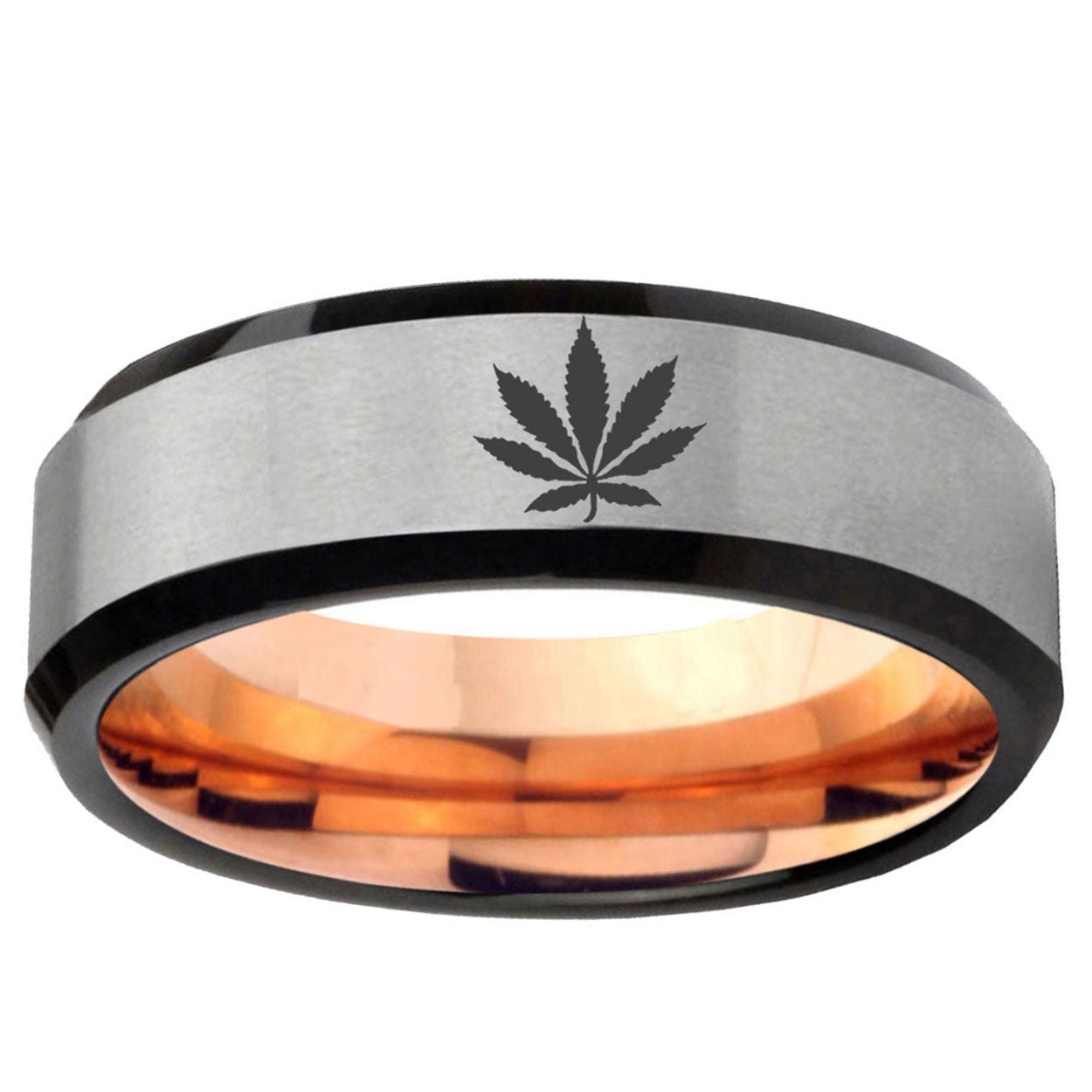 6MM Marijuana Leaf Beveled  Rose Gold Gray Tungsten Rings For Men