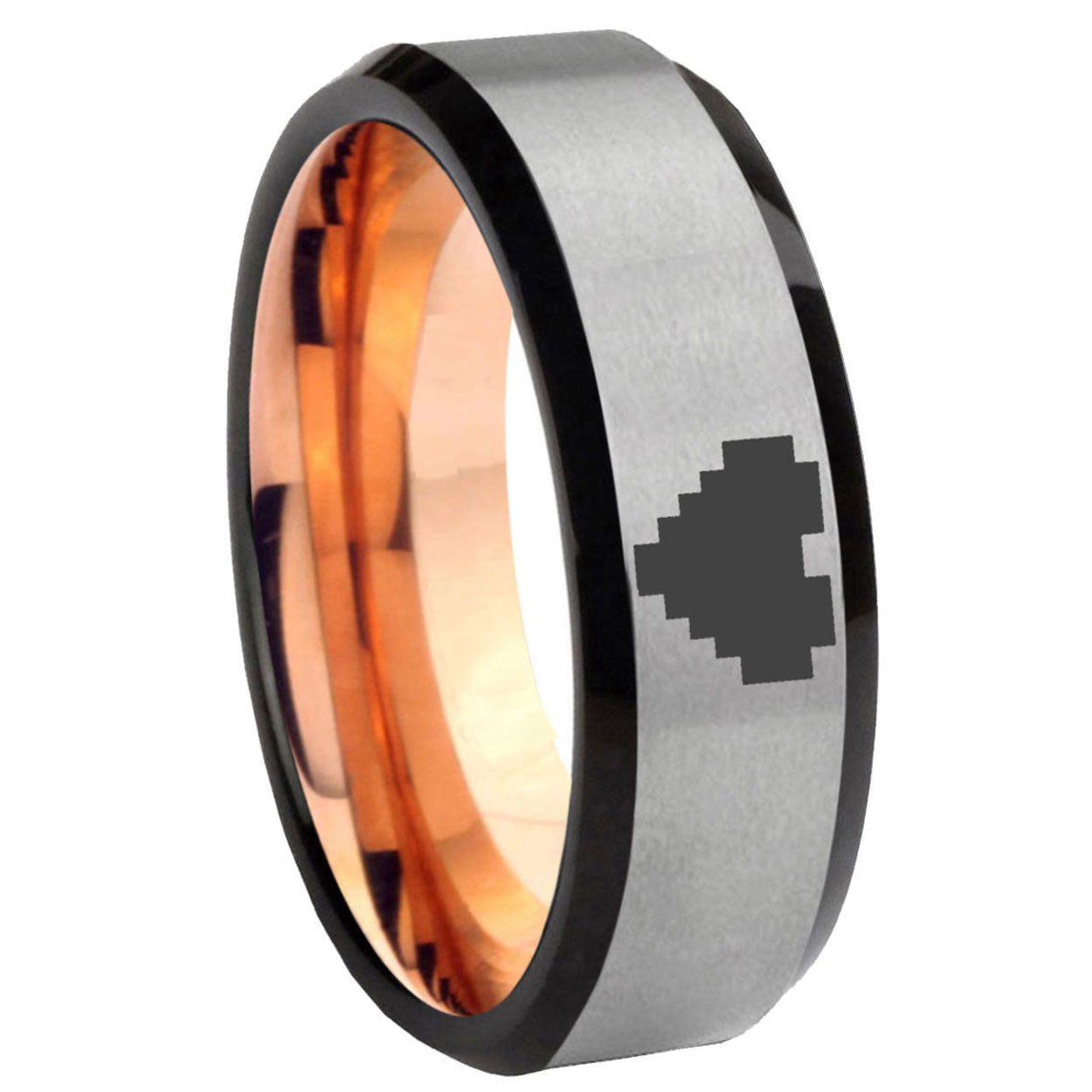 8MM Zelda Heart Beveled Rose Gold Gray Tungsten Mens Wedding Ring