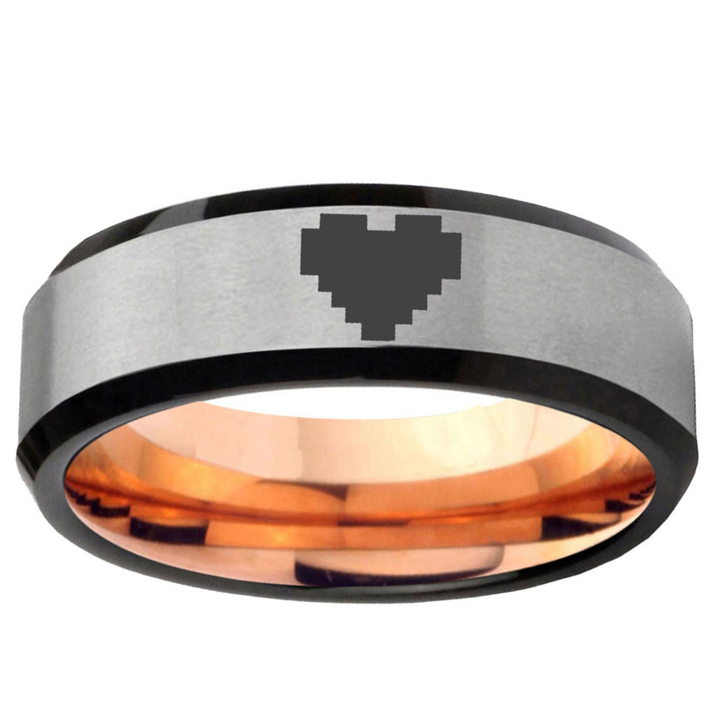 6MM Zelda Heart Beveled Rose Gold Gray Tungsten Mens Wedding Ring