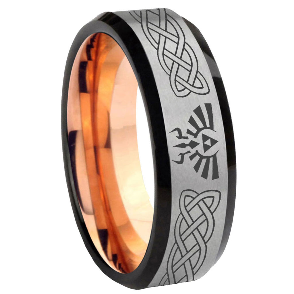 8MM Celtic Zelda Beveled Rose Gold Gray Tungsten Rings For Men