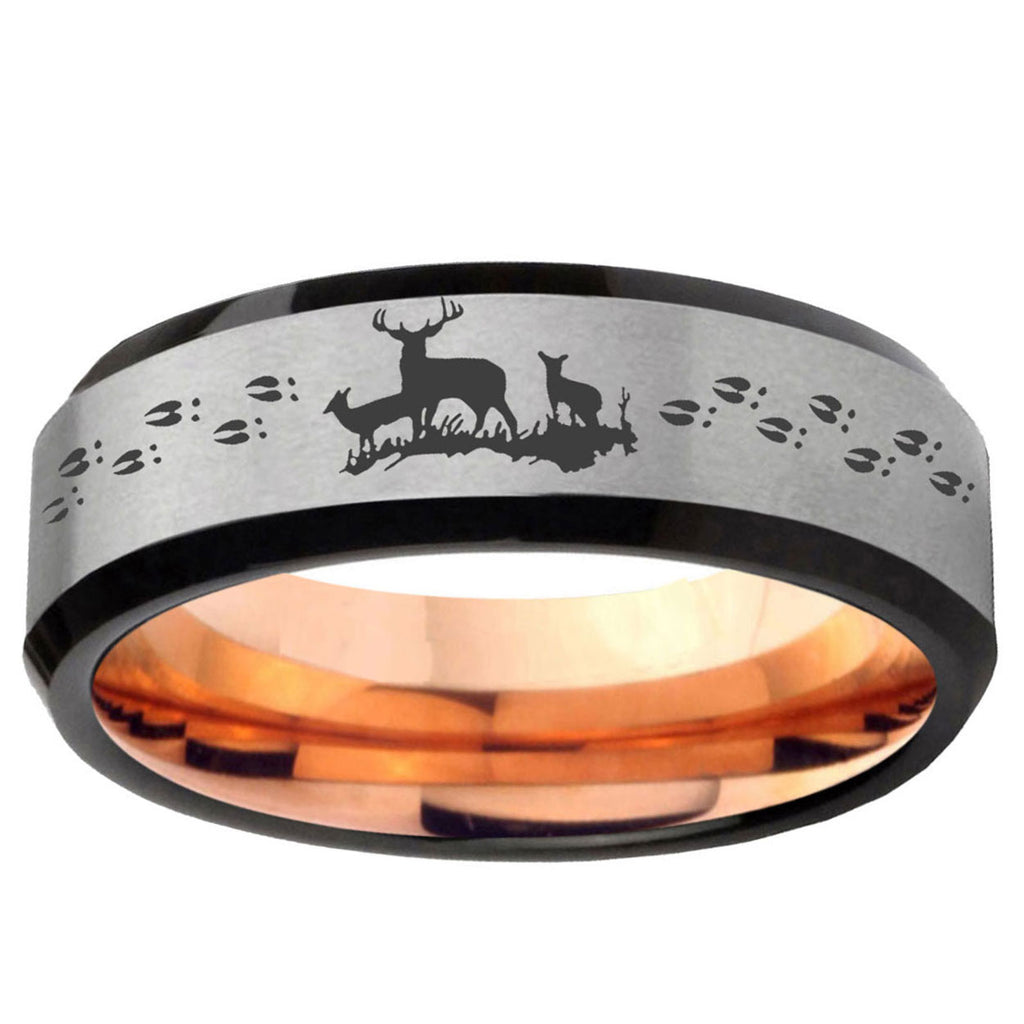 6MM Deer Hunting Beveled Rose Gold Gray Tungsten Wedding Band