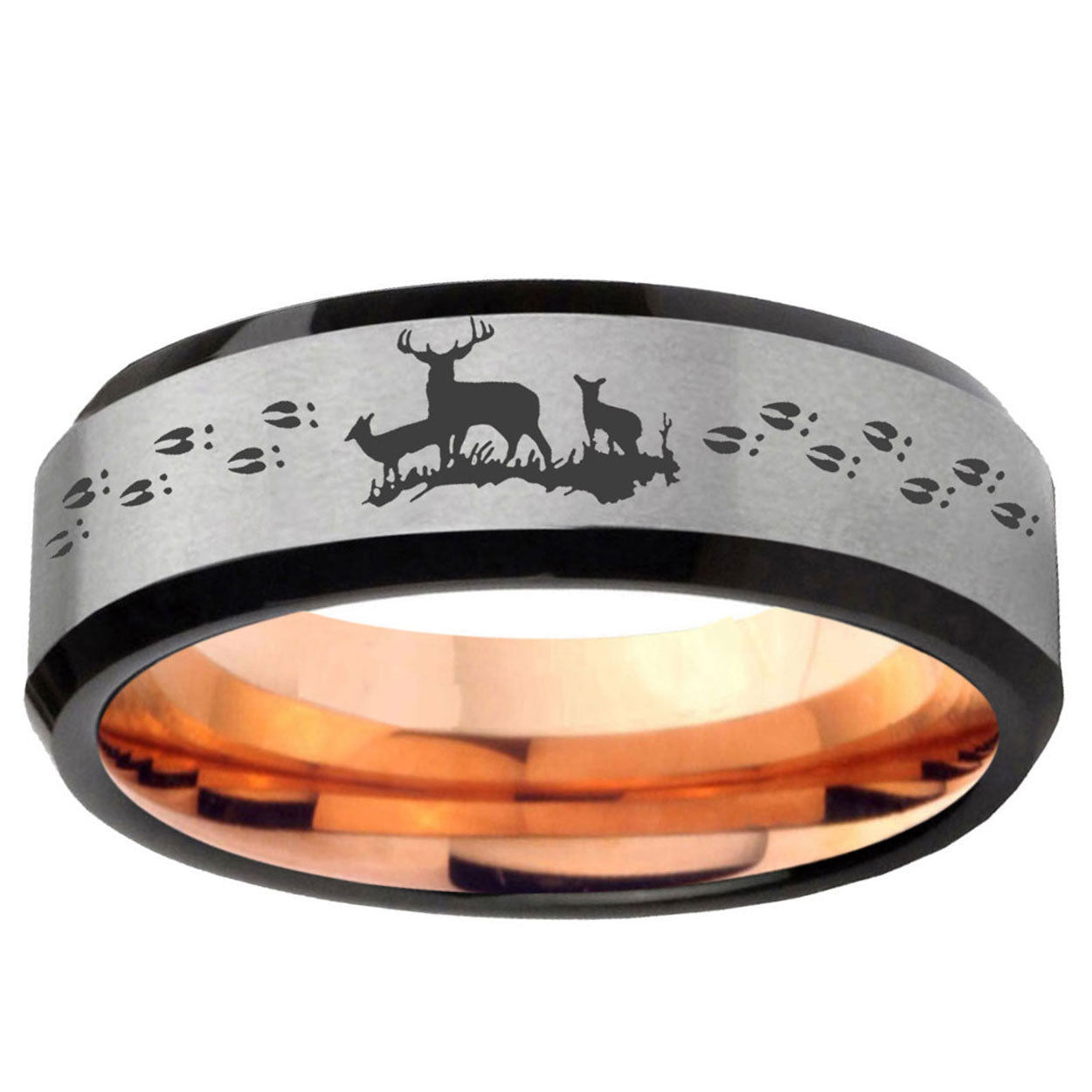 6MM Deer Hunting Beveled Rose Gold Gray Tungsten Wedding Band