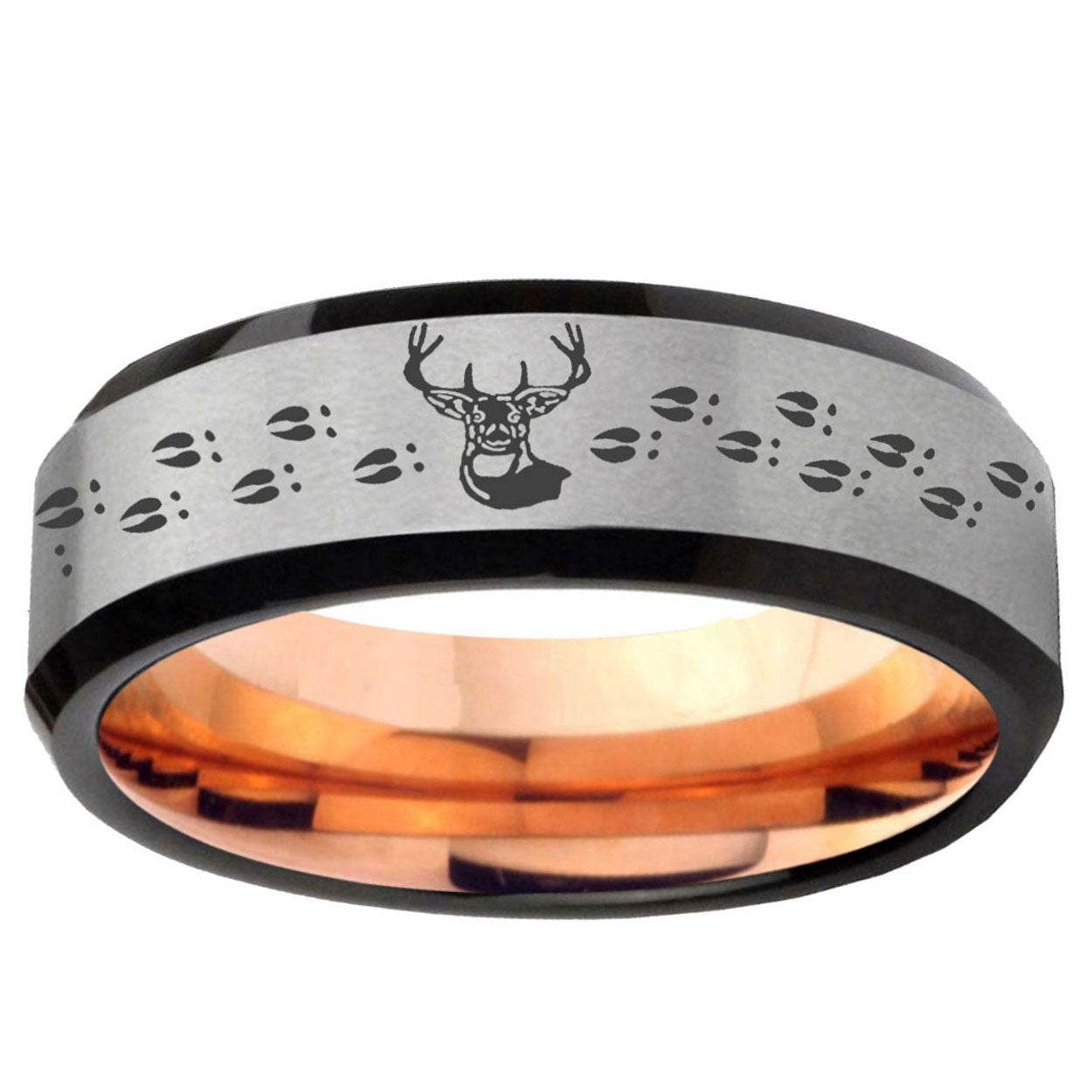 6MM Deer Antler Beveled Rose Gold Gray Tungsten Mens Wedding Band