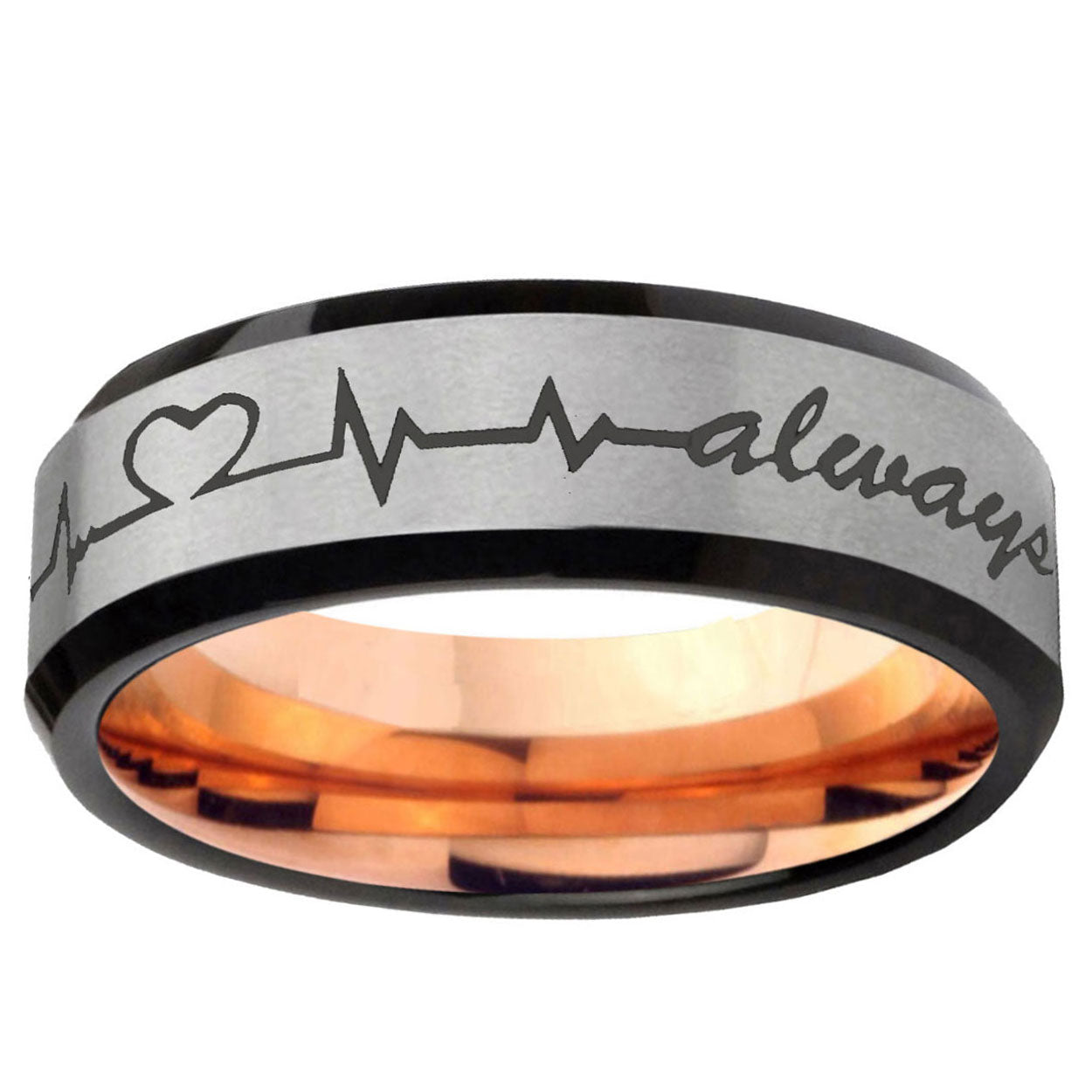 6MM Heart Beat forever Heart Beveled Rose Gold Gray Tungsten Ring