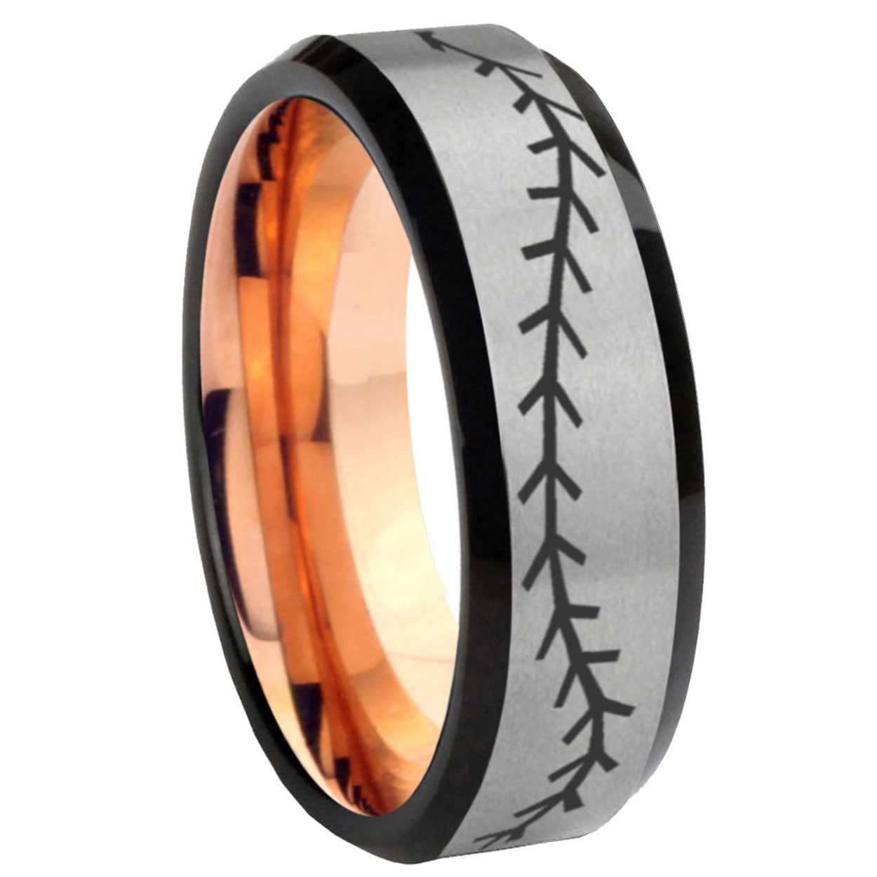 8MM Baseball Stitch Beveled Rose Gold Gray Tungsten Personalized Ring