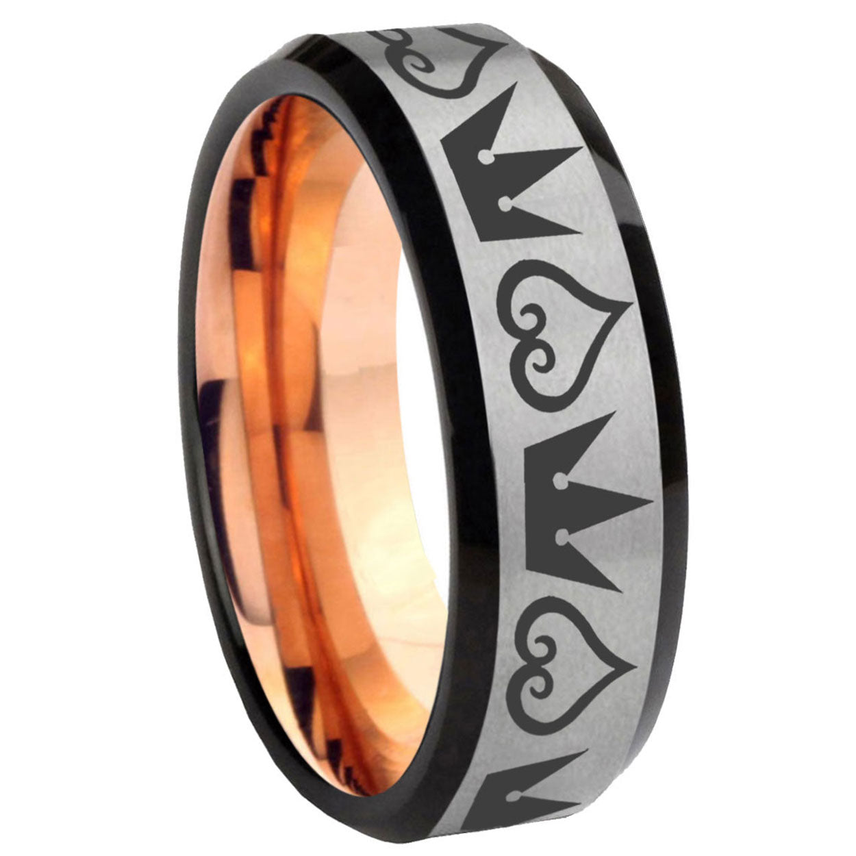 8MM Hearts and Crowns Beveled Rose Gold Gray Tungsten Band For Men