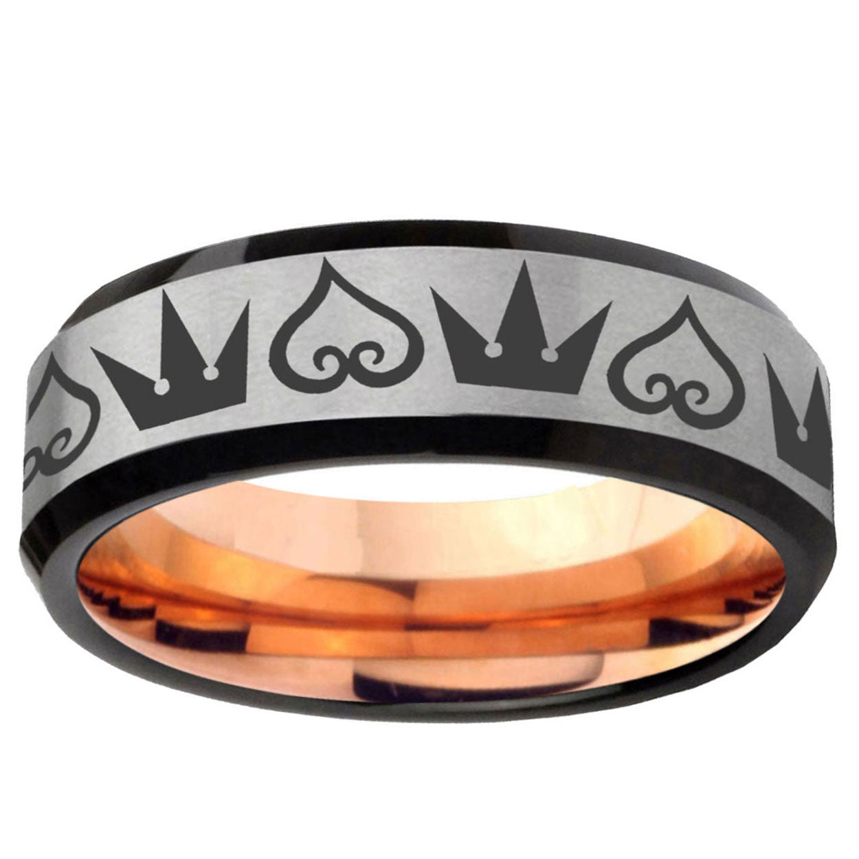 6MM Hearts and Crowns Beveled Rose Gold Gray Tungsten Band For Men