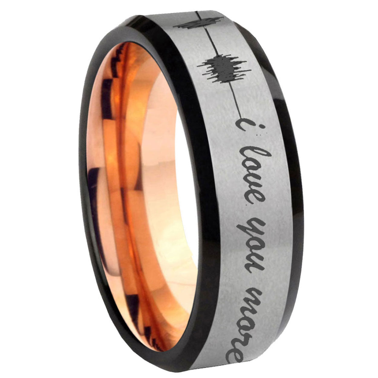 8MM Sound Wave, I love you Beveled Rose Gold Gray Tungsten Ring For Man