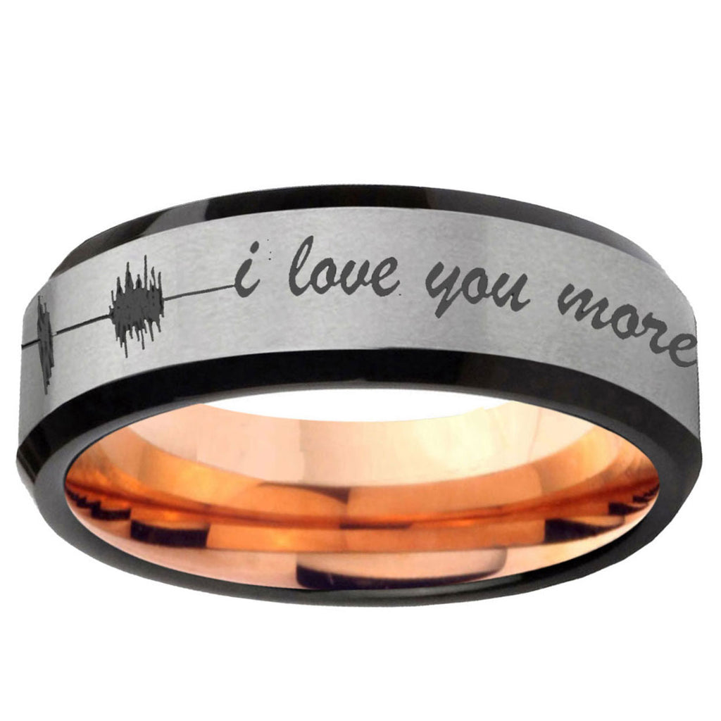6MM Sound Wave, I love you Beveled Rose Gold Gray Tungsten Ring For Man