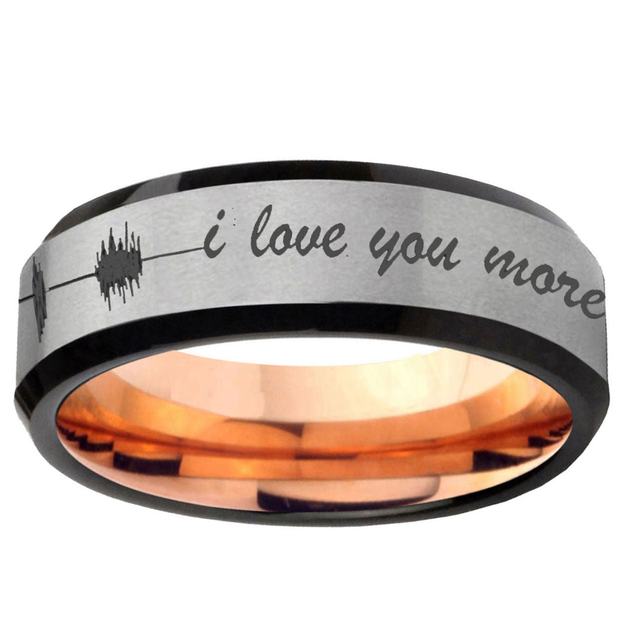 6MM Sound Wave, I love you Beveled Rose Gold Gray Tungsten Ring For Man