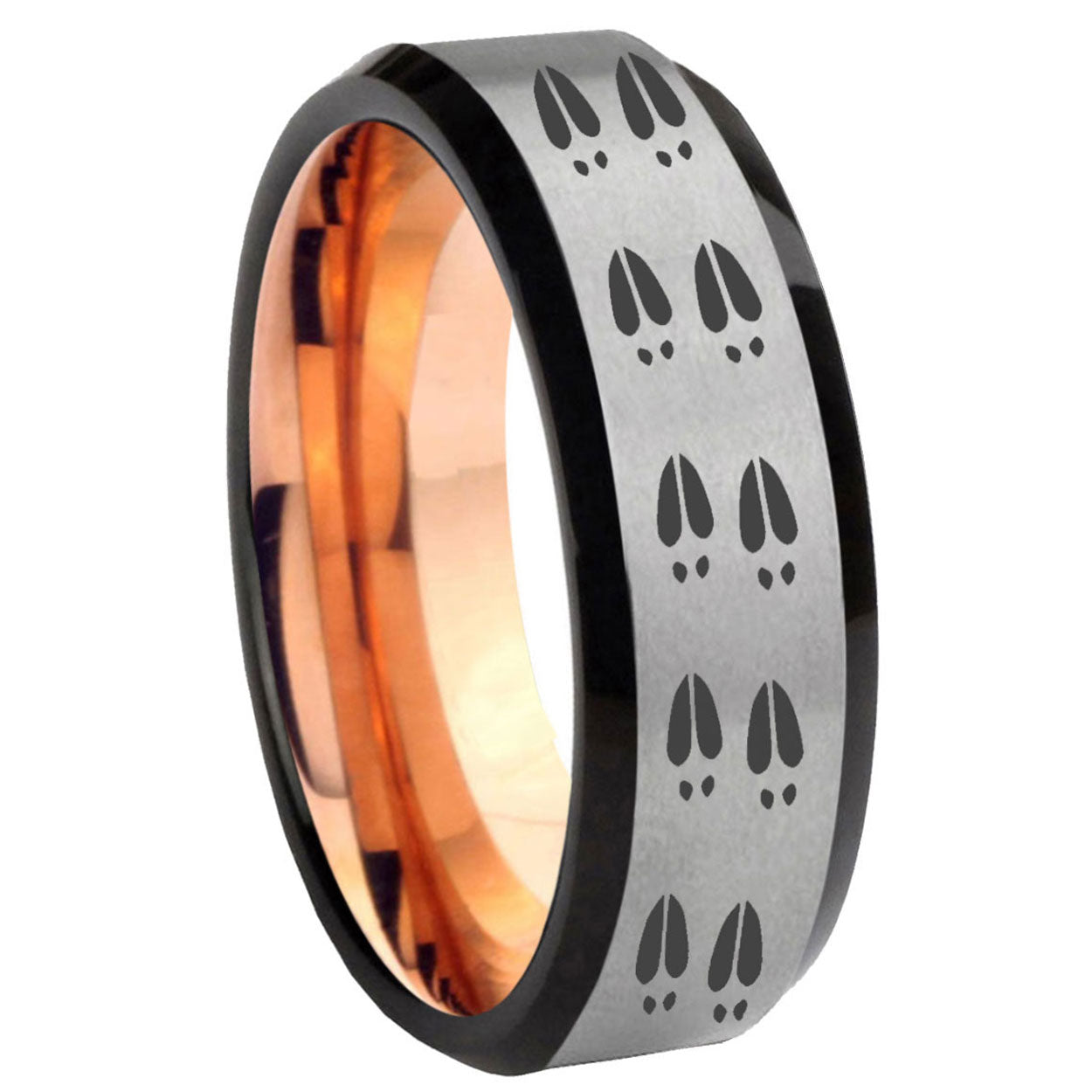 8MM Deer Tracks Beveled Rose Gold Gray Tungsten Mens Promise Ring