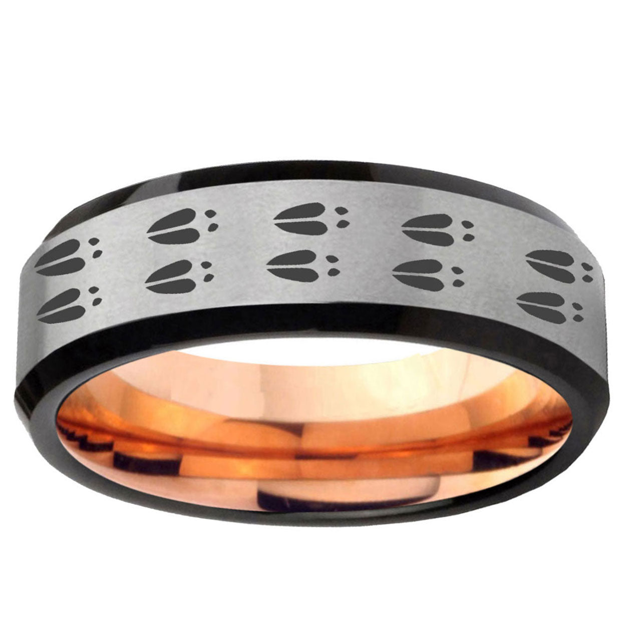 6MM Deer Tracks Beveled Rose Gold Gray Tungsten Mens Promise Ring