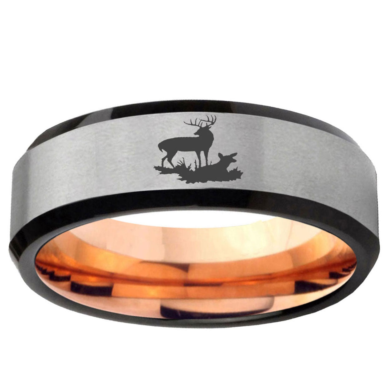 6MM Deer Hunting Beveled Rose Gold Gray Tungsten Custom Ring