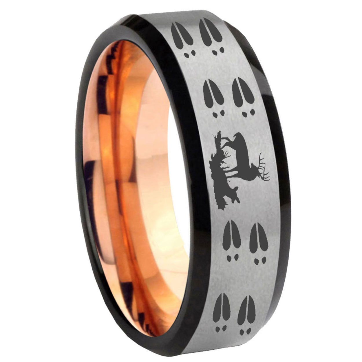 8MM Deer Hunting Tracks Beveled Rose Gold Gray Tungsten Rings For Men
