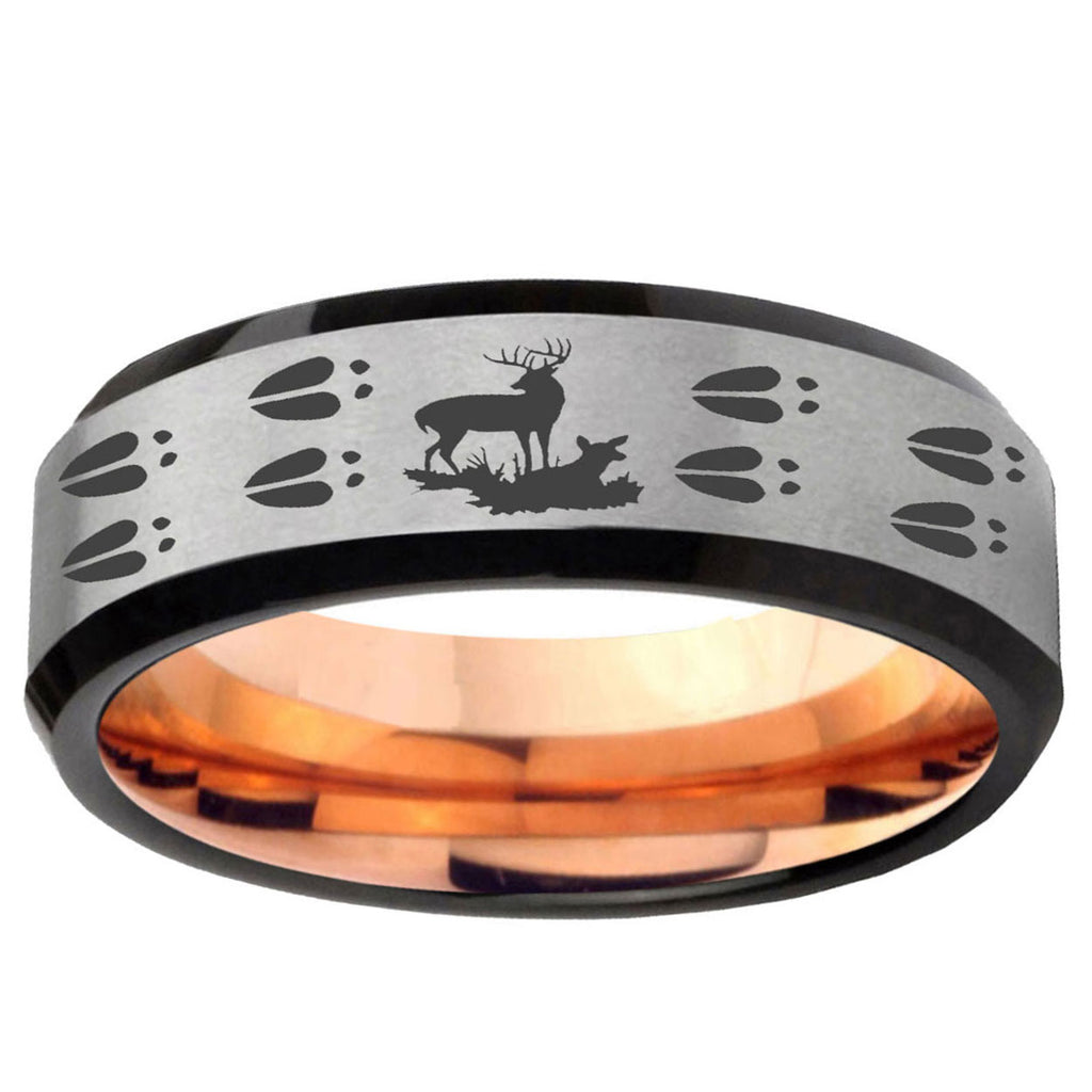 6MM Deer Hunting Tracks Beveled Rose Gold Gray Tungsten Rings For Men