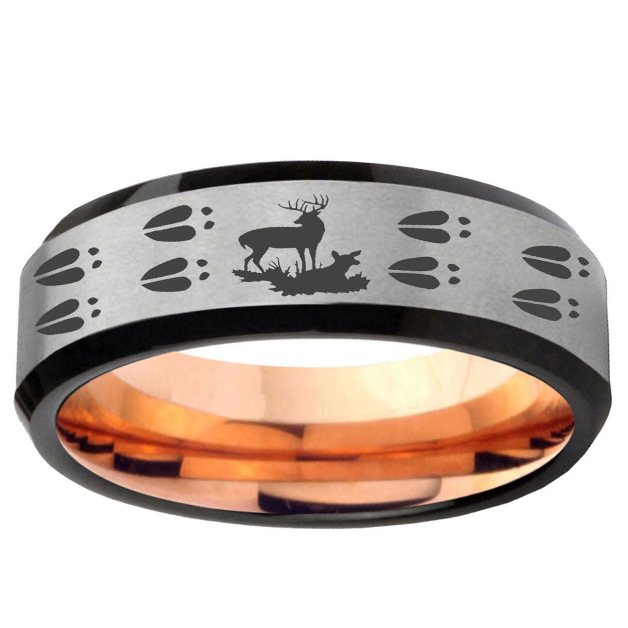6MM Deer Hunting Tracks Beveled Rose Gold Gray Tungsten Rings For Men