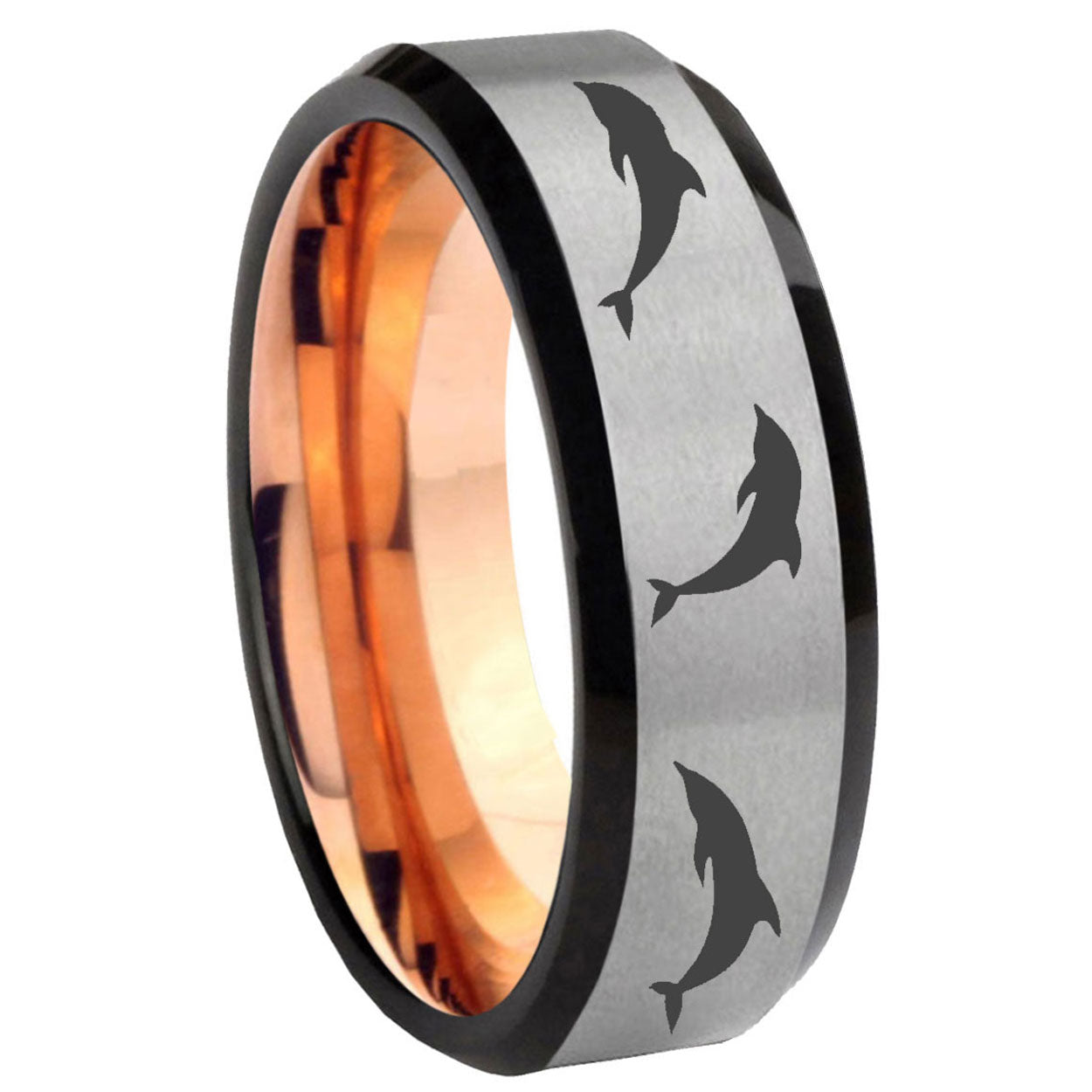 8MM Dolphins Beveled Rose Gold Gray Tungsten Rings For Men