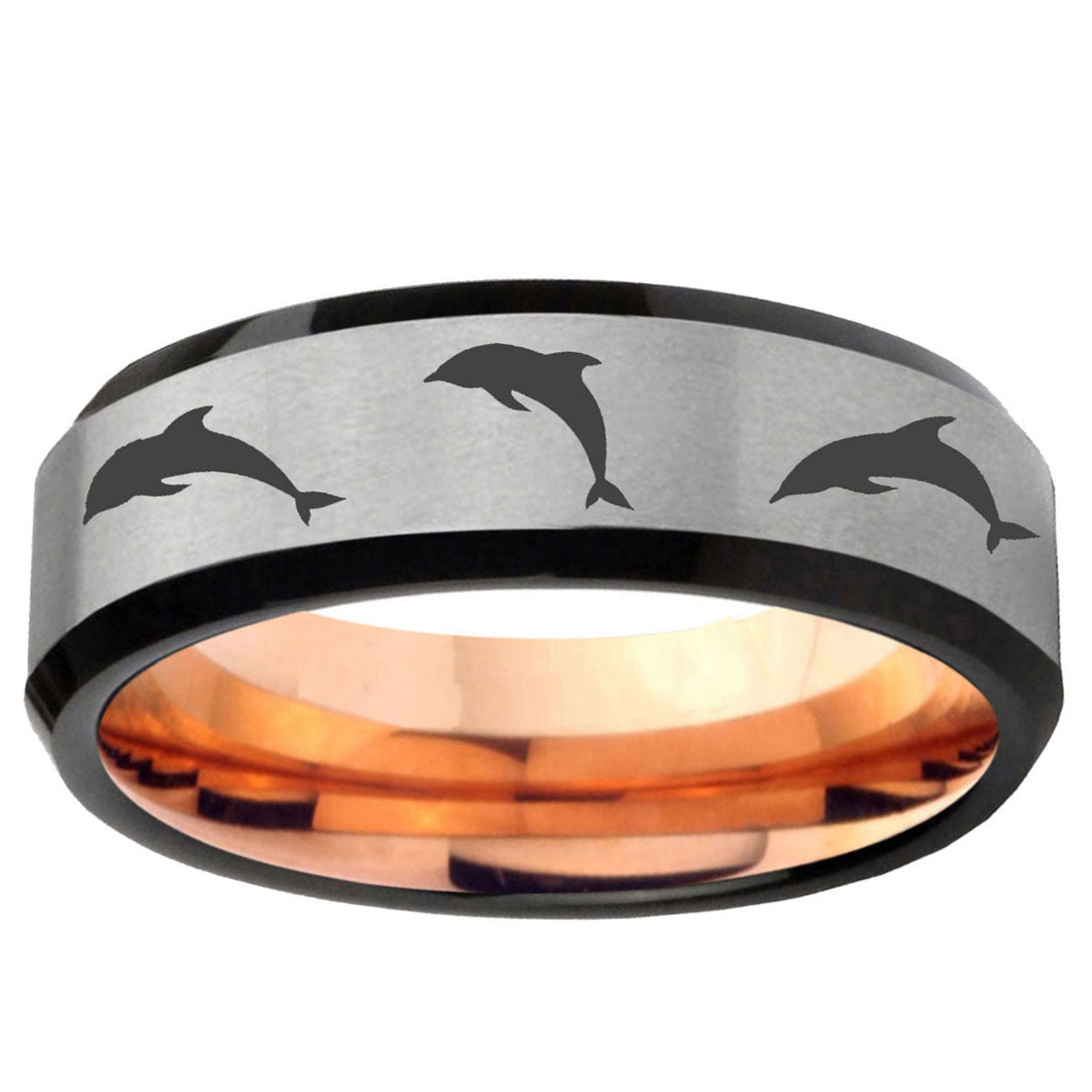 6MM Dolphins Beveled Rose Gold Gray Tungsten Rings For Men