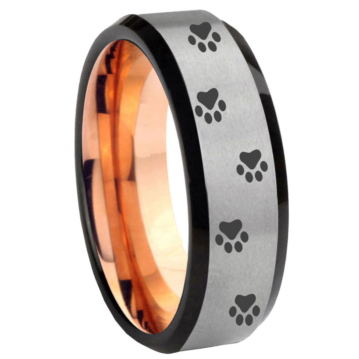 8MM Paw Print Beveled Rose Gold Gray Tungsten Wedding Band For Men