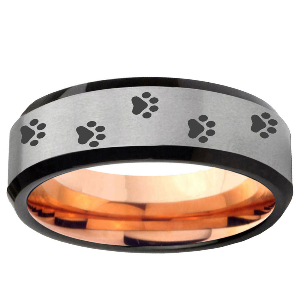6MM Paw Print Beveled Rose Gold Gray Tungsten Wedding Band For Men
