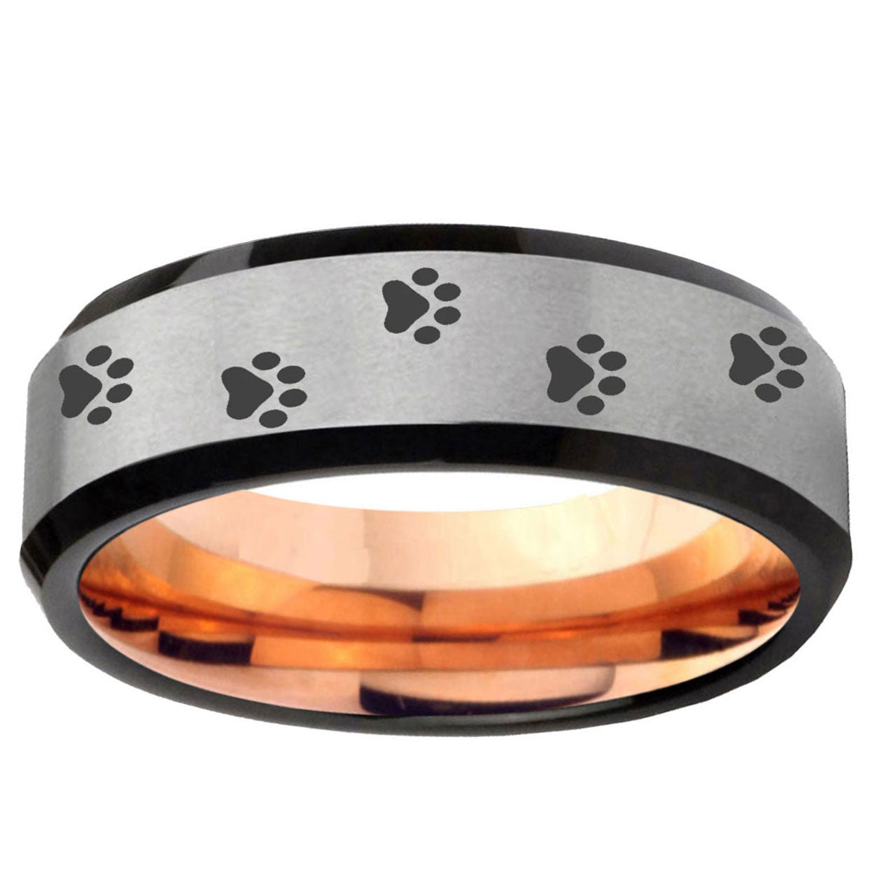 6MM Paw Print Beveled Rose Gold Gray Tungsten Wedding Band For Men
