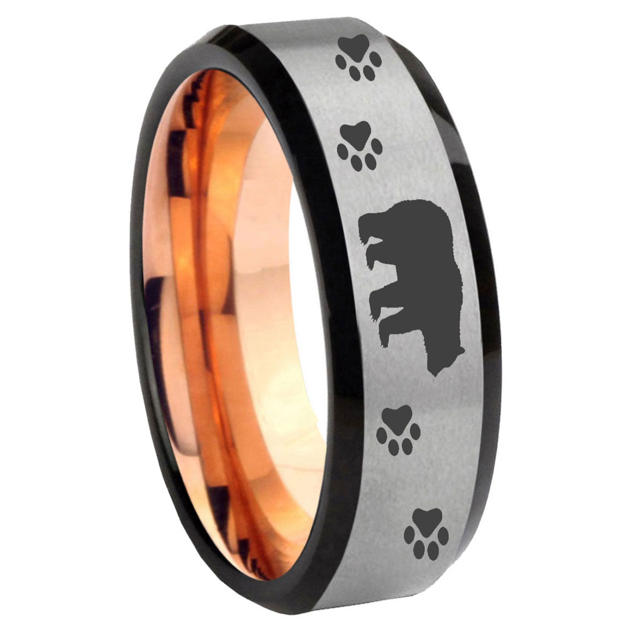 8MM Bear and Paw Beveled Rose Gold Gray Tungsten Rings For Men
