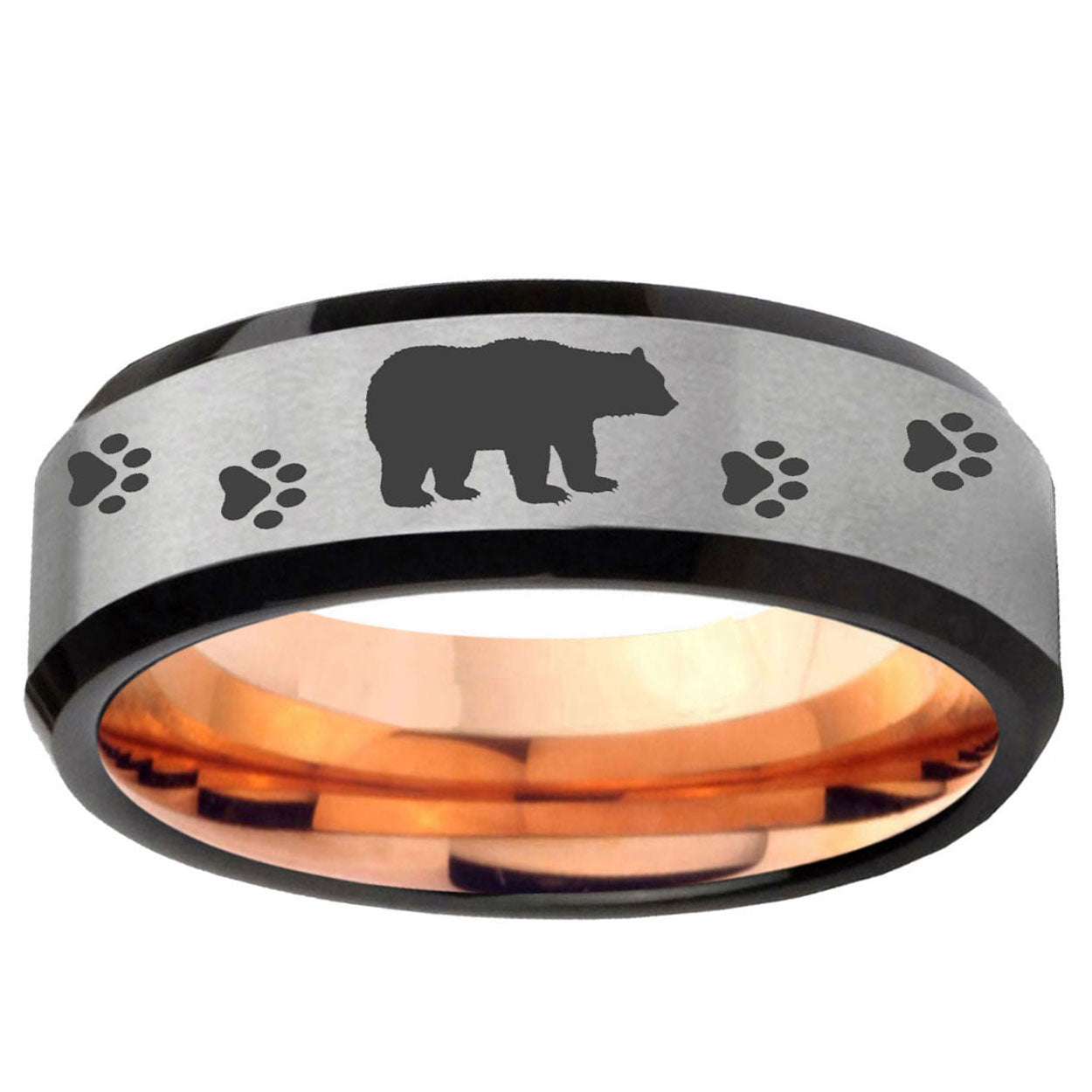 6MM Bear and Paw Beveled Rose Gold Gray Tungsten Rings For Men