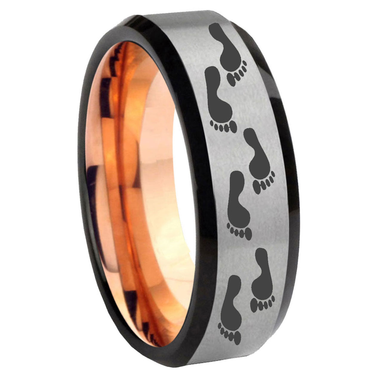 8MM Foot Print Beveled Rose Gold Gray Tungsten Promise Ring For Him