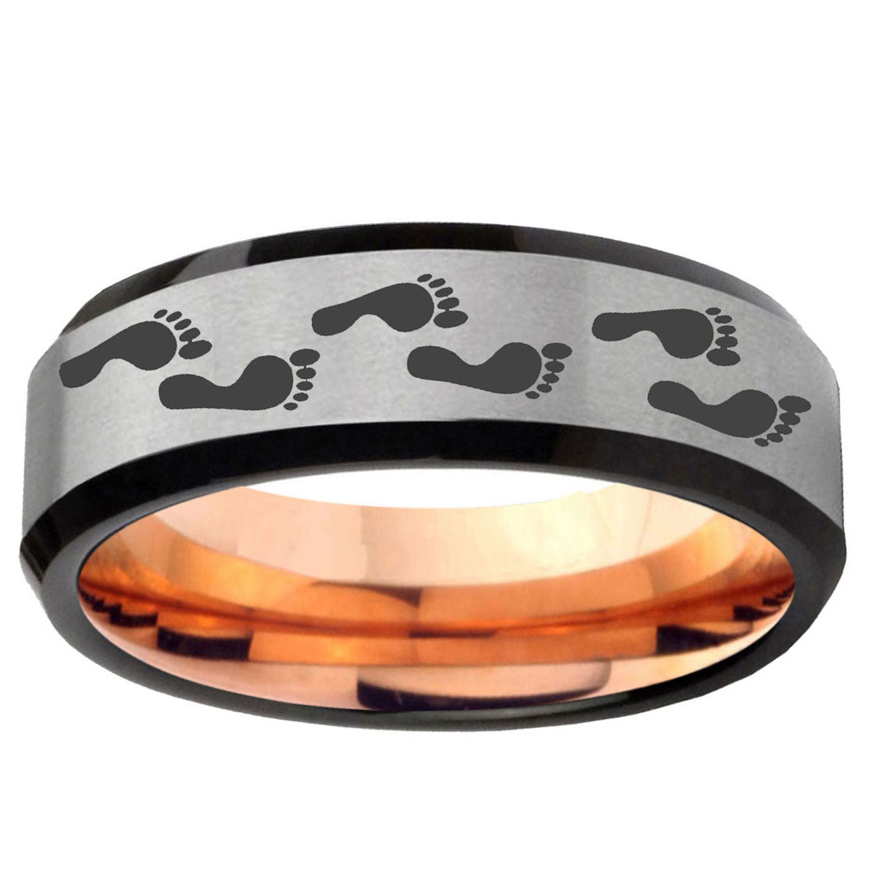6MM Foot Print Beveled Rose Gold Gray Tungsten Promise Ring For Him