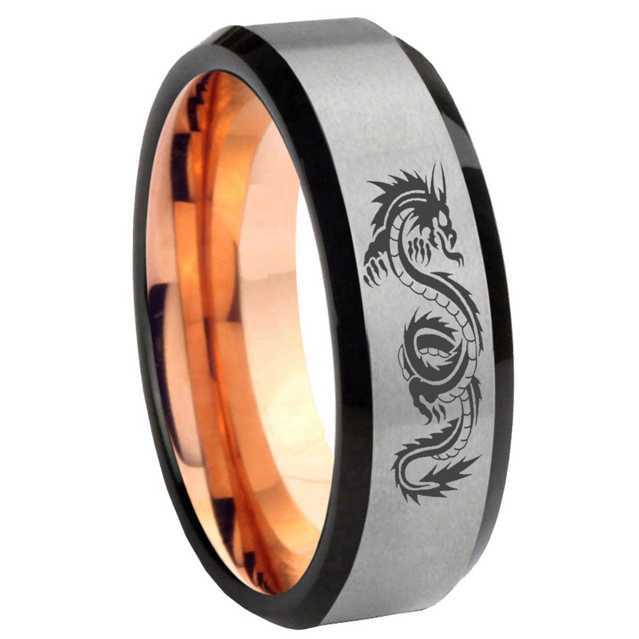 8MM Dragon Beveled Rose Gold Gray Tungsten Mens Engagement Ring