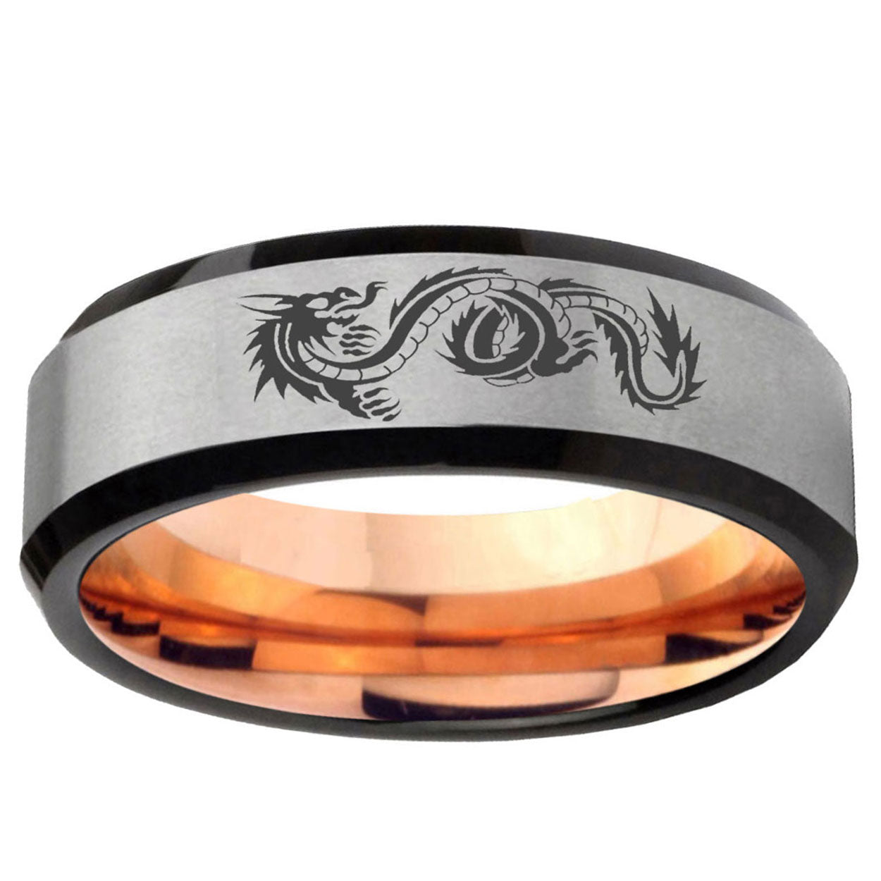 6MM Dragon Beveled Rose Gold Gray Tungsten Mens Engagement Ring