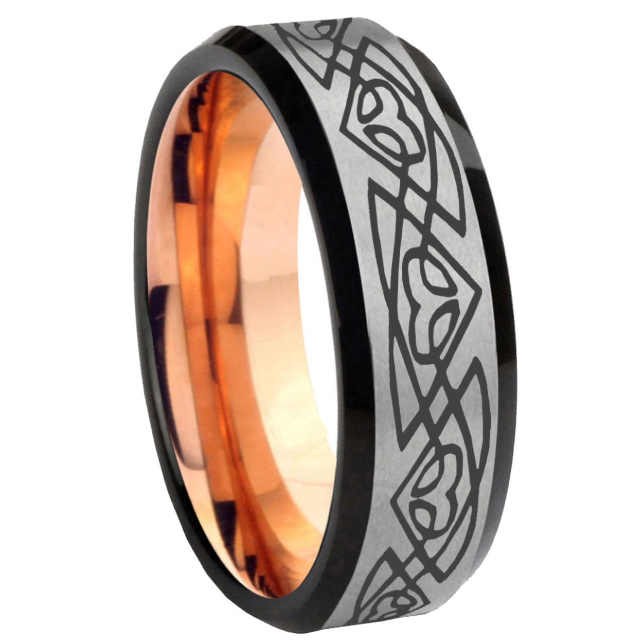 8MM Celtic Braided Beveled Rose Gold Gray Tungsten Band