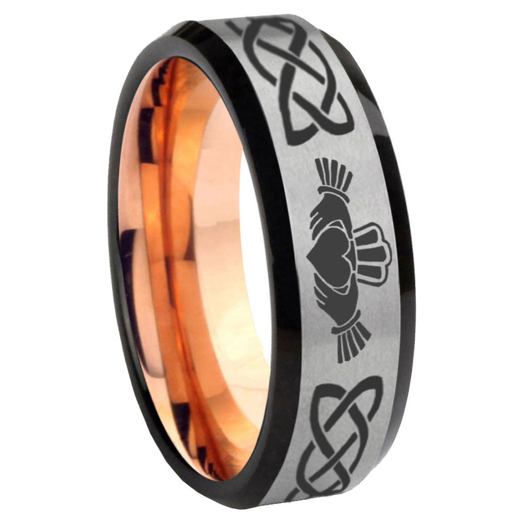 8MM Irish Claddagh Beveled Rose Gold Gray Tungsten Ring For Him