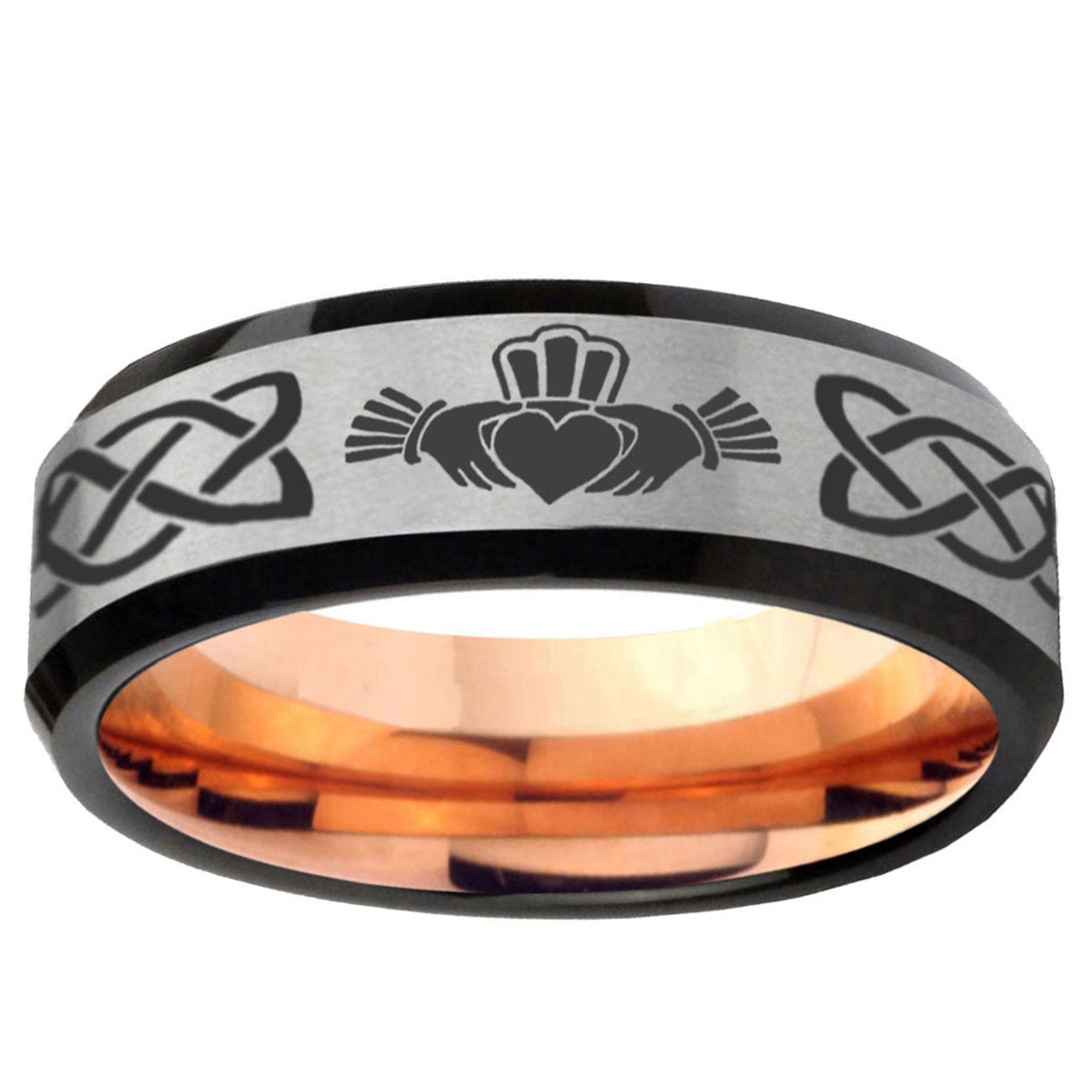 6MM Irish Claddagh Beveled Rose Gold Gray Tungsten Ring For Him