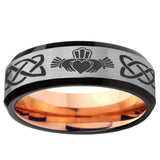 6, 8mm Irish Claddagh Beveled Tungsten Carbide Silver Rose Gold Men's Ring