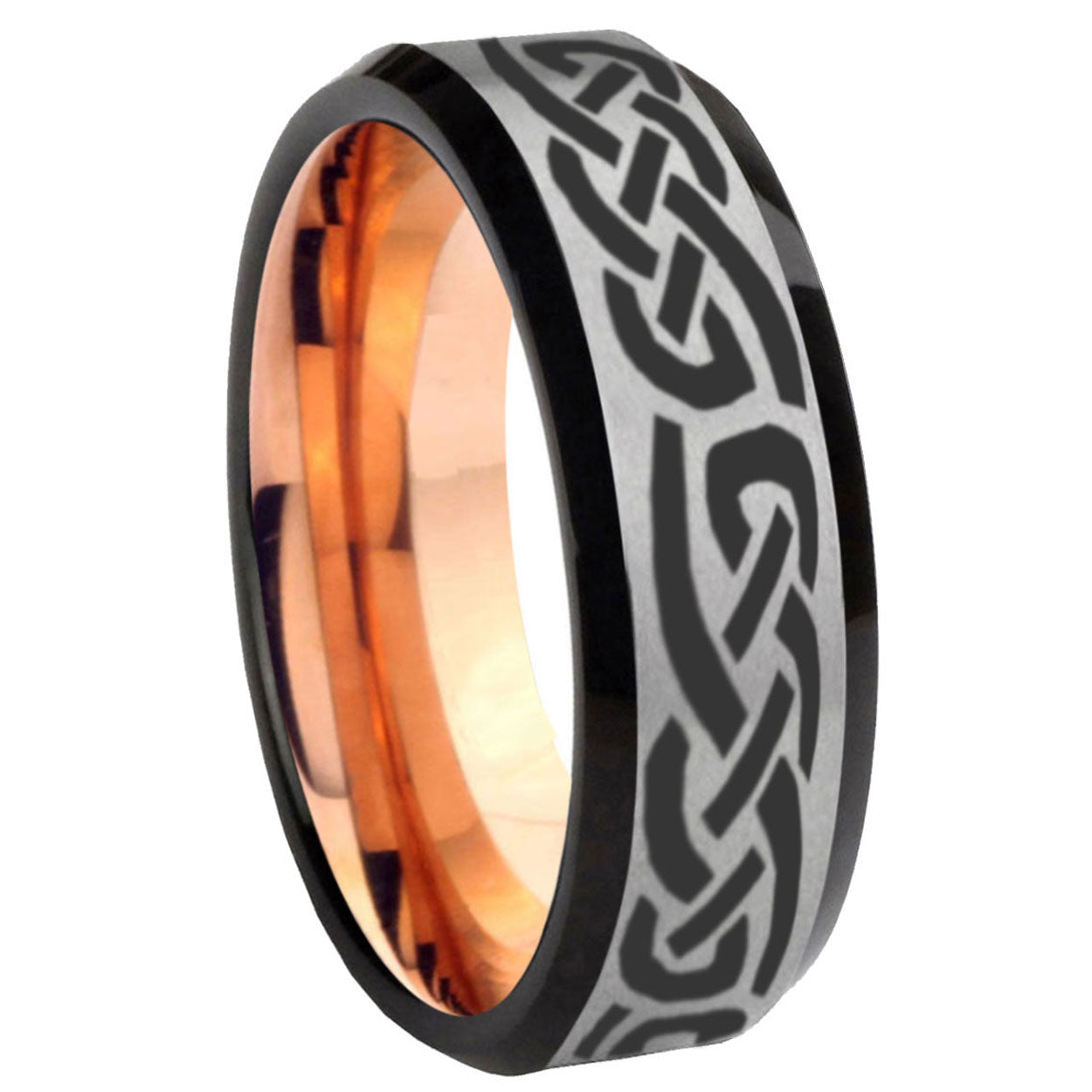 8MM Celtic Knot Infinity Love Beveled Rose Gold Gray Tungsten Band