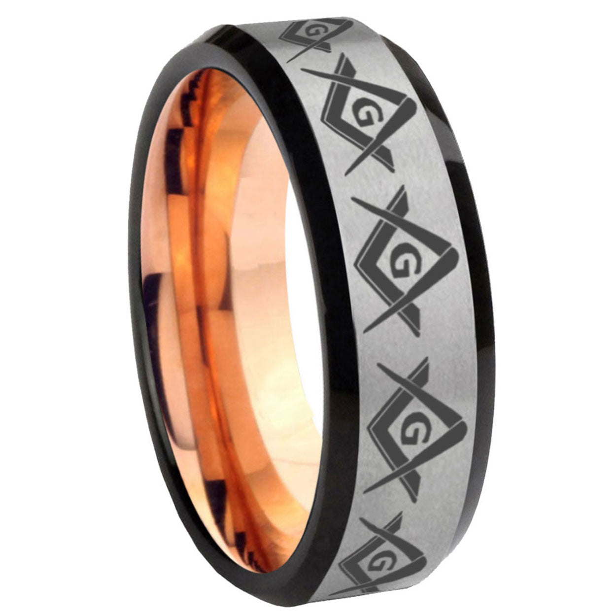 8MM Masonic Square and Compass Beveled Rose Gold Gray Tungsten Band