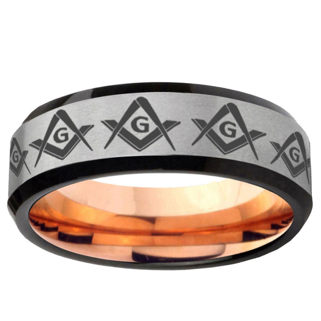 6MM Masonic Square and Compass Beveled Rose Gold Gray Tungsten Band