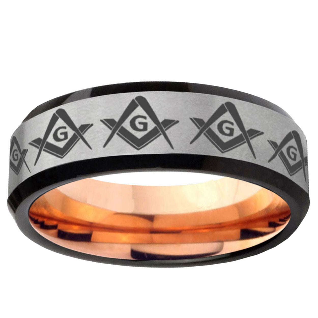 6MM Masonic Square and Compass Beveled Rose Gold Gray Tungsten Band