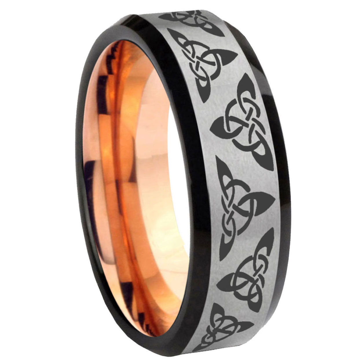 8MM Celtic Knot Beveled Rose Gold Gray Tungsten Promise Ring