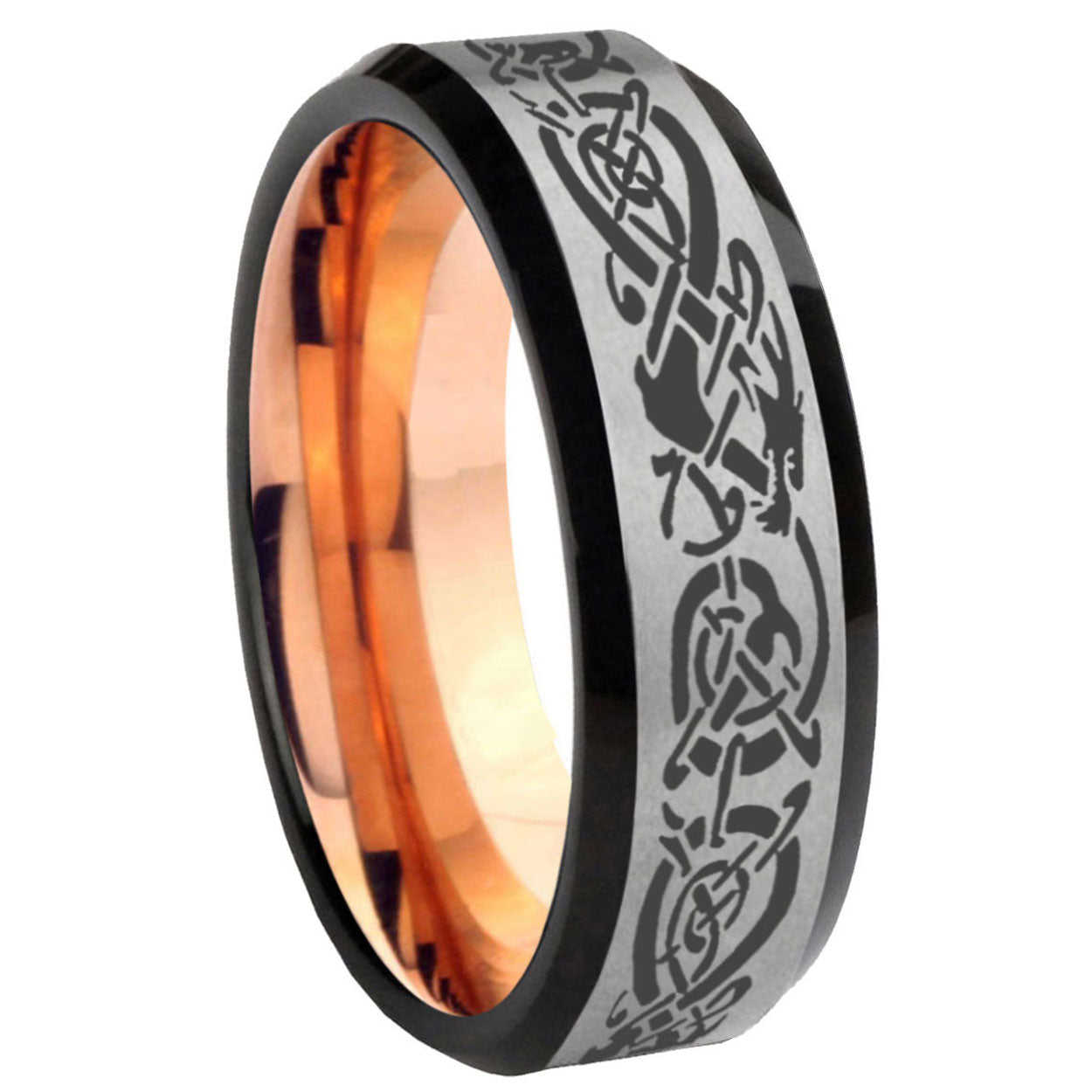 8MM Celtic Knot Dragon Beveled Rose Gold Gray Tungsten Wedding Band