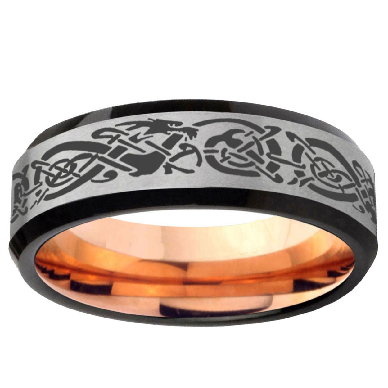6MM Celtic Knot Dragon Beveled Rose Gold Gray Tungsten Wedding Band