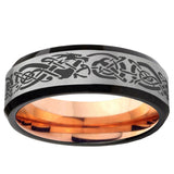 6, 8mm Celtic Knot Dragon Beveled Gray And Rose Gold Tungsten Mens Promise Ring