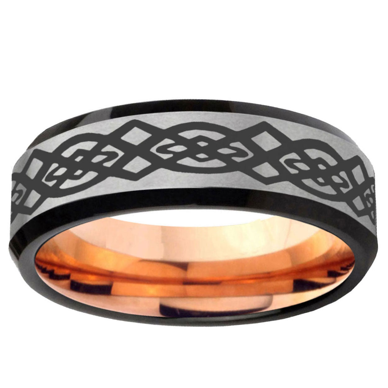 6MM Celtic Knot Beveled Rose Gold Gray Tungsten Band For Men