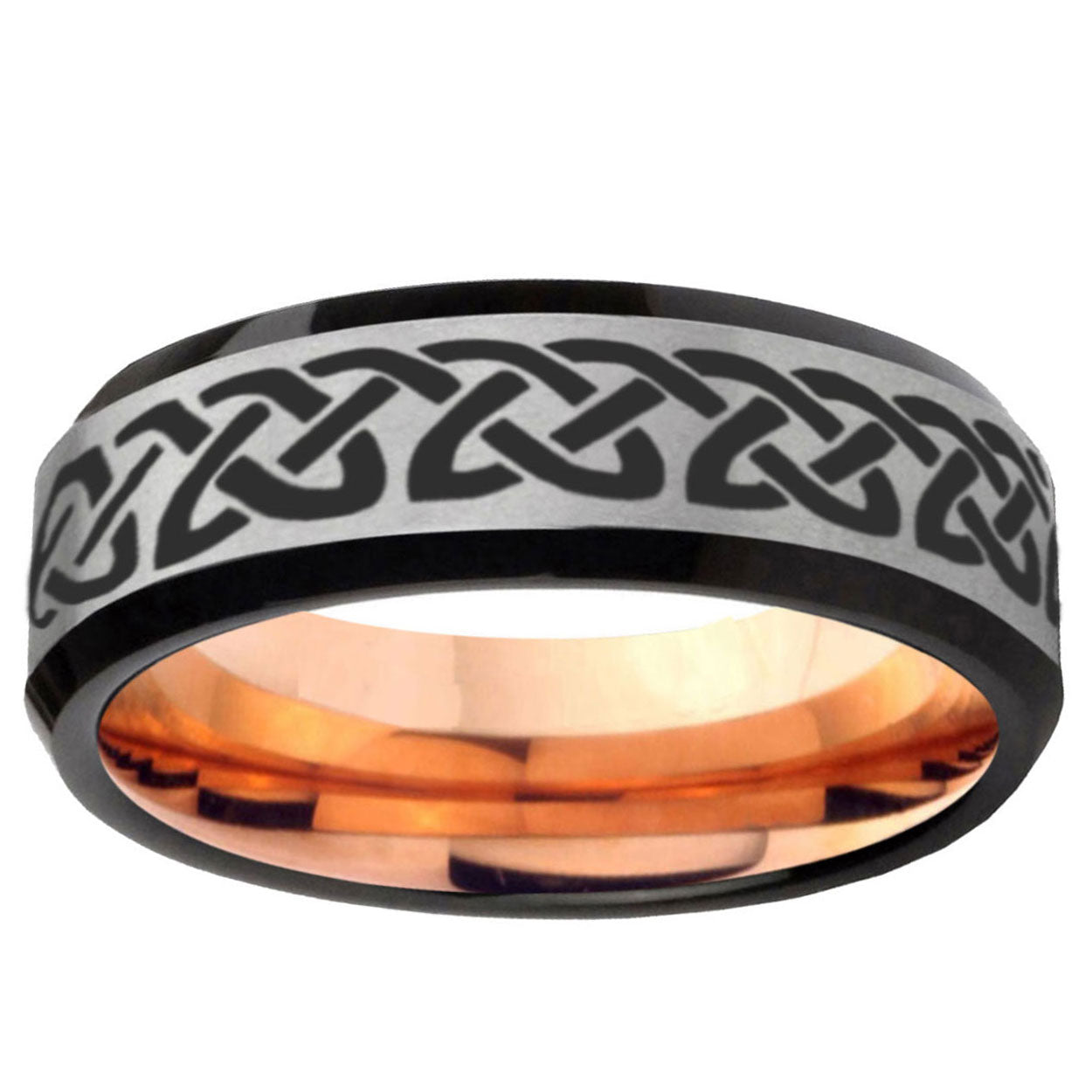 6MM Celtic Knot Love Beveled Rose Gold Gray Tungsten Band For Men