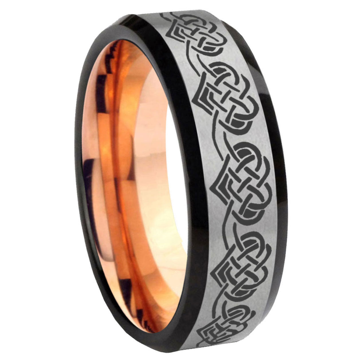 8MM Celtic Knot Heart Beveled Rose Gold Gray Tungsten Engravable Ring