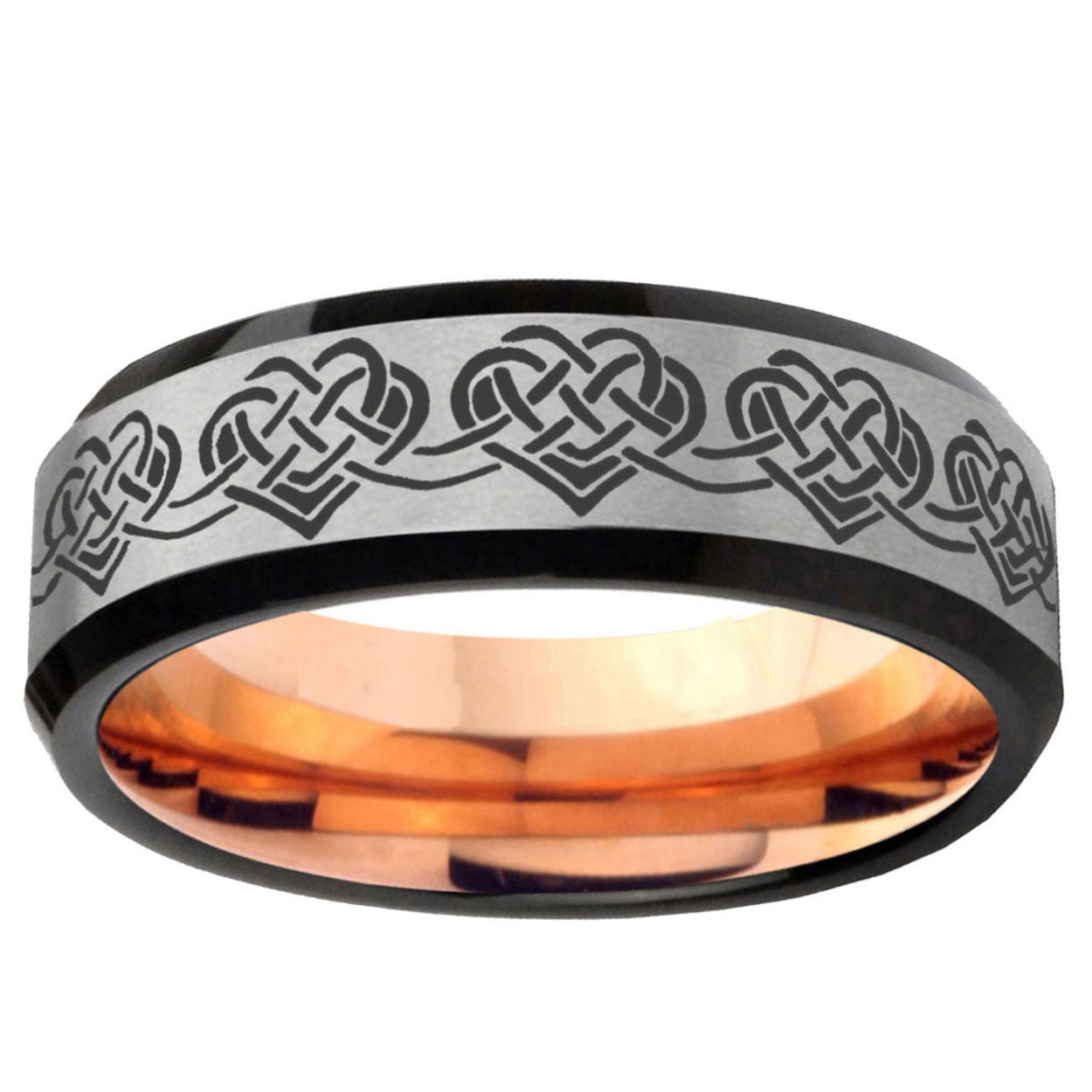 6MM Celtic Knot Heart Beveled Rose Gold Gray Tungsten Engravable Ring