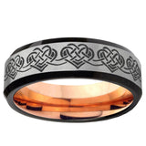 6, 8mm Celtic Knot Heart Beveled Gray And Rose Gold Tungsten Wedding Engraving Ring